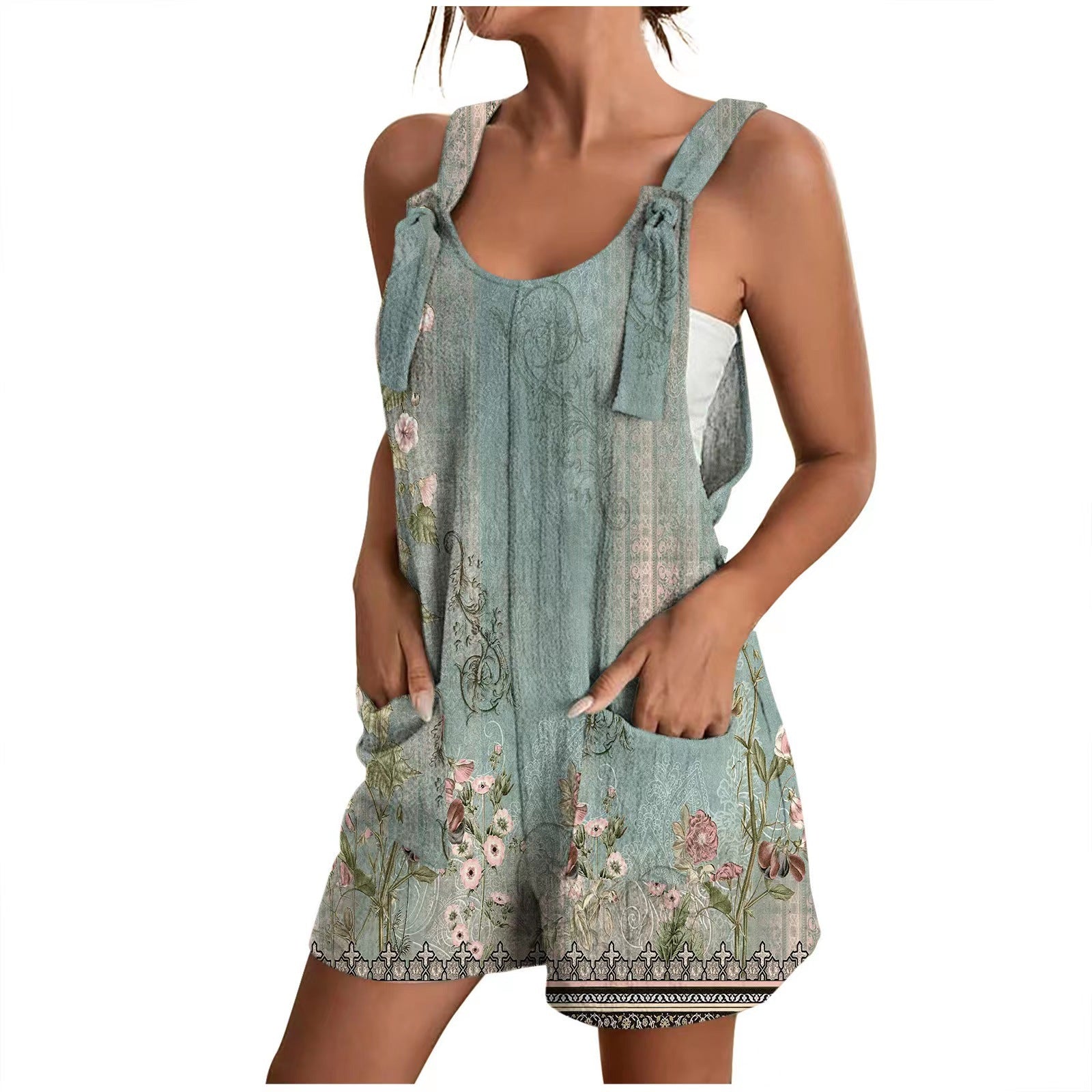 Damen luftiger Overall mit floralen Mustern und praktischen Taschen WW