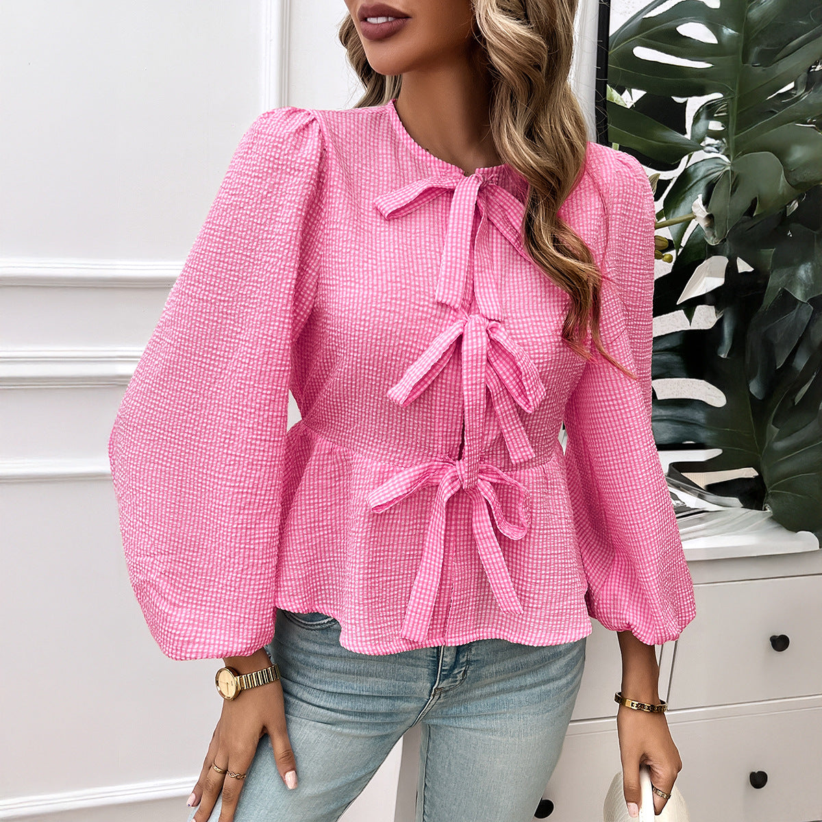 Damen Bluse mit dekorativen Bändchen und Volantärmeln WW