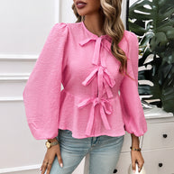 Damen Bluse mit dekorativen Bändchen und Volantärmeln WW