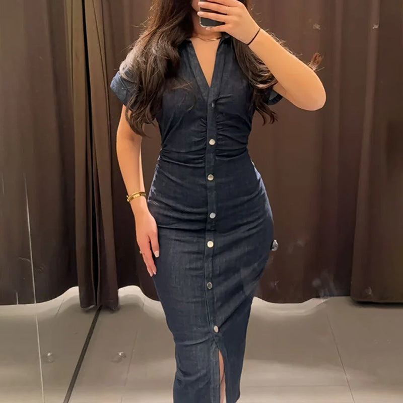 Damen Knielanges Denim Kleid mit elegantem Knopfdesign WW