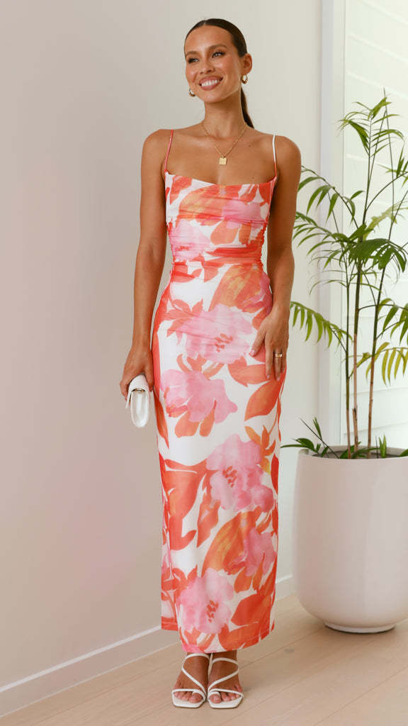 Damen ärmelloses Maxikleid mit floralem Print und elastischer Korsett-Taille W&W Mode