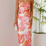 Damen ärmelloses Maxikleid mit floralem Print und elastischer Korsett-Taille WW