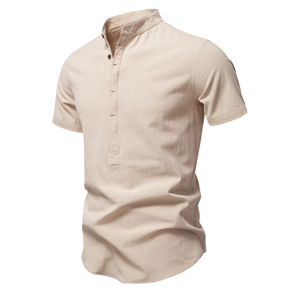 Herren nan lässiges Kurzarmshirt mit Stehkragen, halber Knopfleiste und leicht strukturierter Baumwoll-Leinen-Qualität W&W Mode