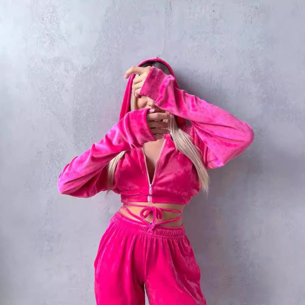 Damen sportlicher Cropped Fleece-Jogginganzug mit Reißverschluss und praktischen Taschen WW