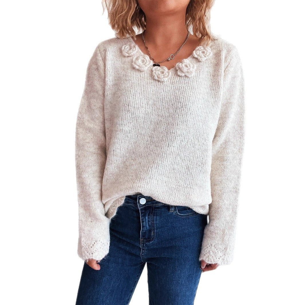 Damen Pullover mit romantischen Rosenapplikationen und weitem Schnitt WW