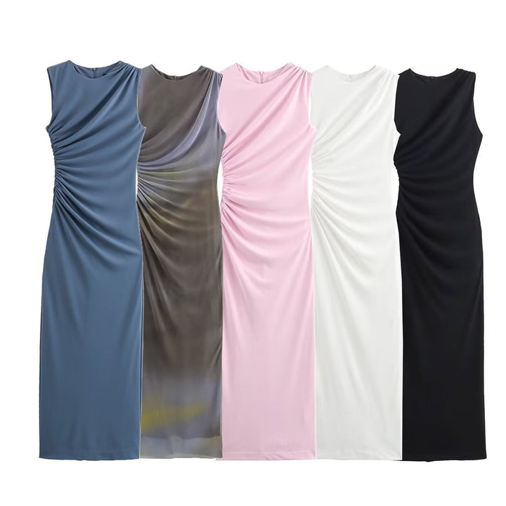 W&W Mode | Einfarbiges Rundhalsausschnitt Ärmelloses Faltendes Slim Fit Kleid