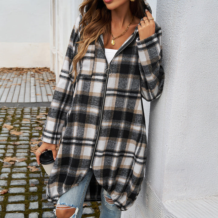 Damen Karierte Longjacke mit Kapuze und Taschen W&W Mode
