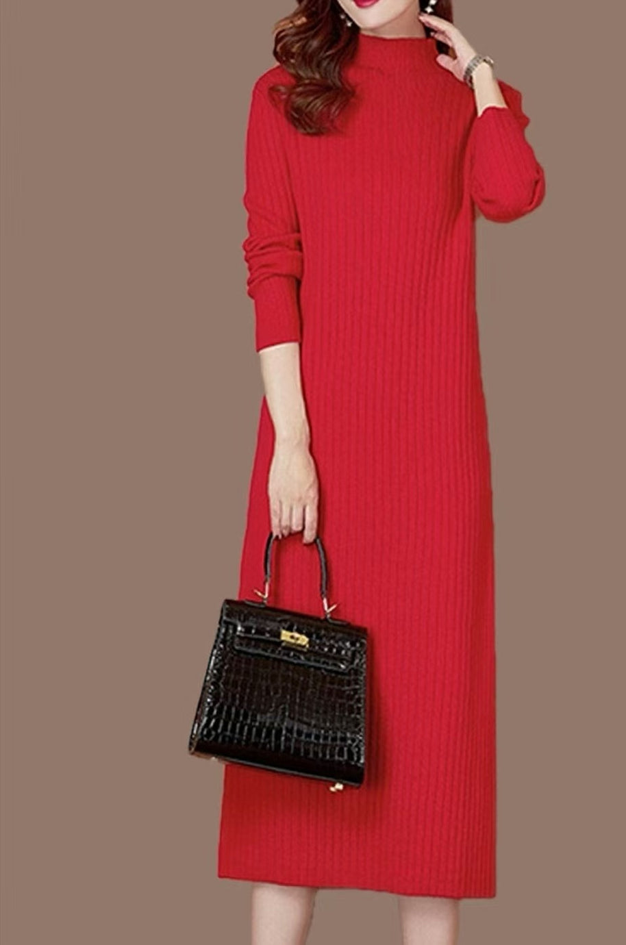 Damen Strickkleid mit feiner Rippstruktur und hohem Kragen WW