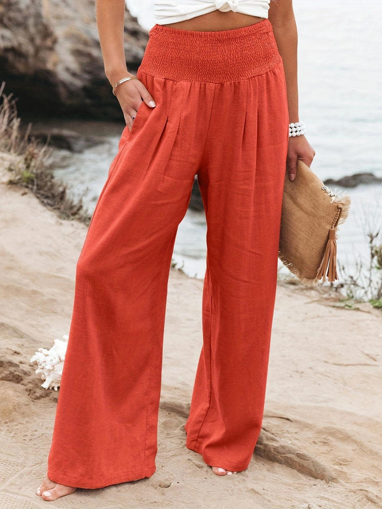 Damen Weite Leinenhose mit elastischem Bund und praktischen Taschen WW