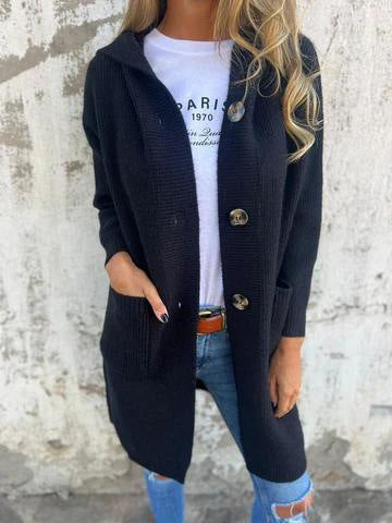 Damen Strickjacke mit Kapuze und Knöpfen WW