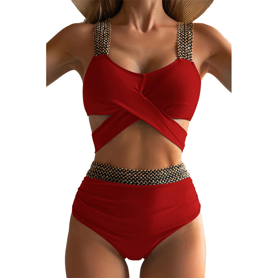 Damen Hochgeschnittener Bikini mit modischem Wickeloberteil und glamourösen Akzenten WW