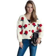 Damen Strickjacke mit floralen Applikationen und knöpfbarem Design WW