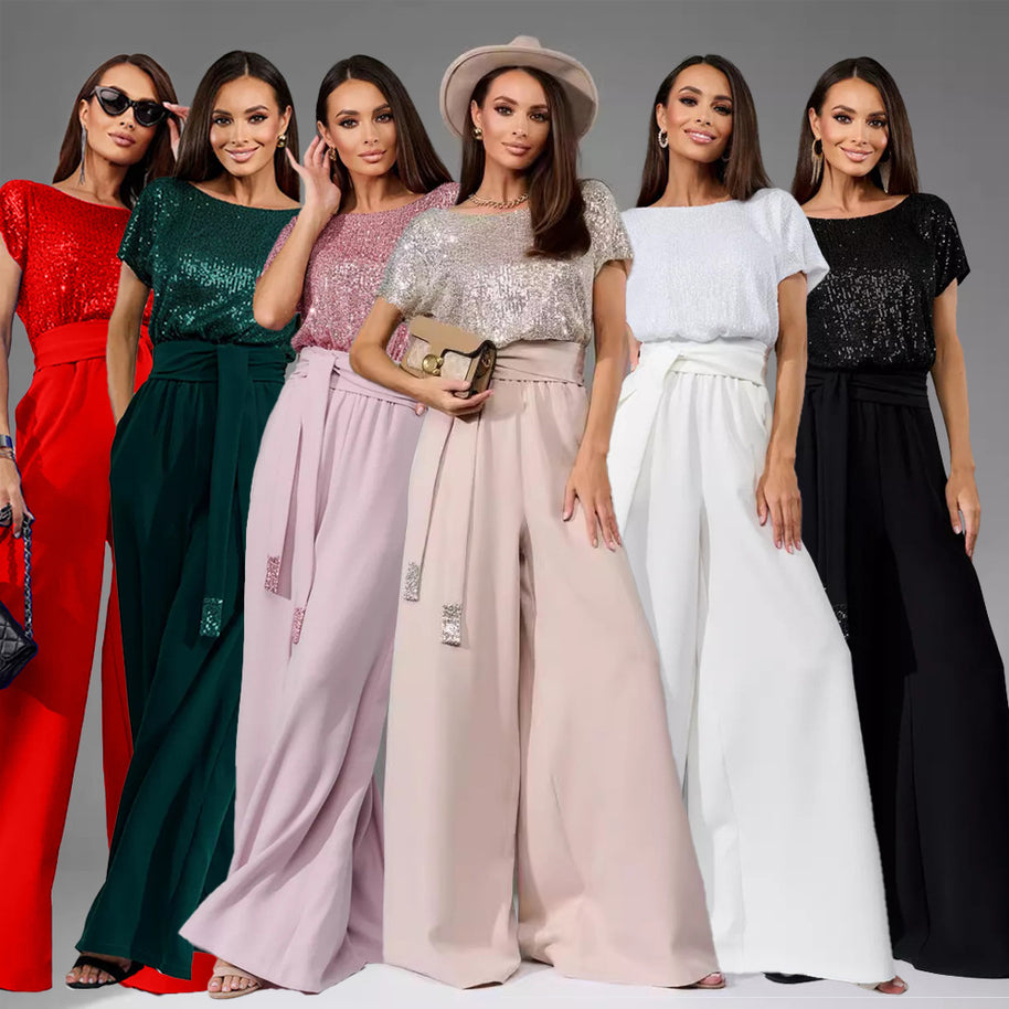 Damen Glamouröses Overalls mit glitzerndem Oberteil und weit geschnittenen Hosen WW