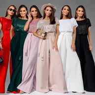 Damen Glamouröses Overalls mit glitzerndem Oberteil und weit geschnittenen Hosen WW
