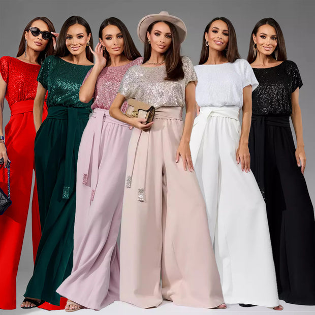 Damen Glamouröses Overalls mit glitzerndem Oberteil und weit geschnittenen Hosen WW