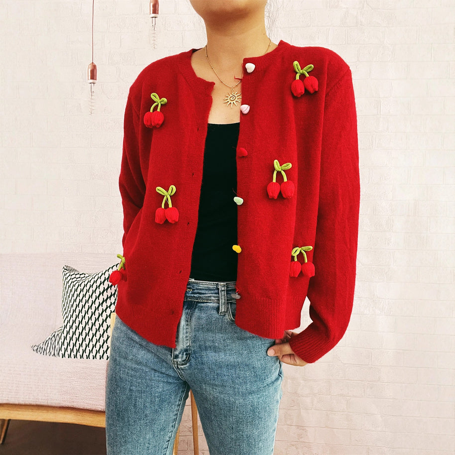 Damen Strickjacke mit fröhlichen Blumenapplikationen WW