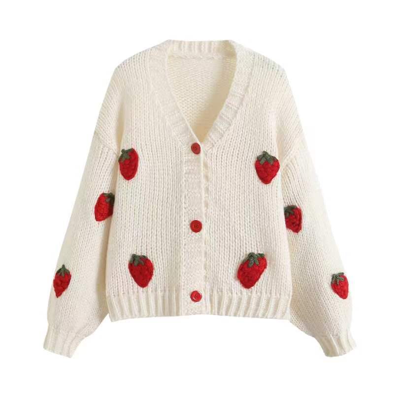 Damen Bestickter Erdbeer-Button-Up-Cardigan WW