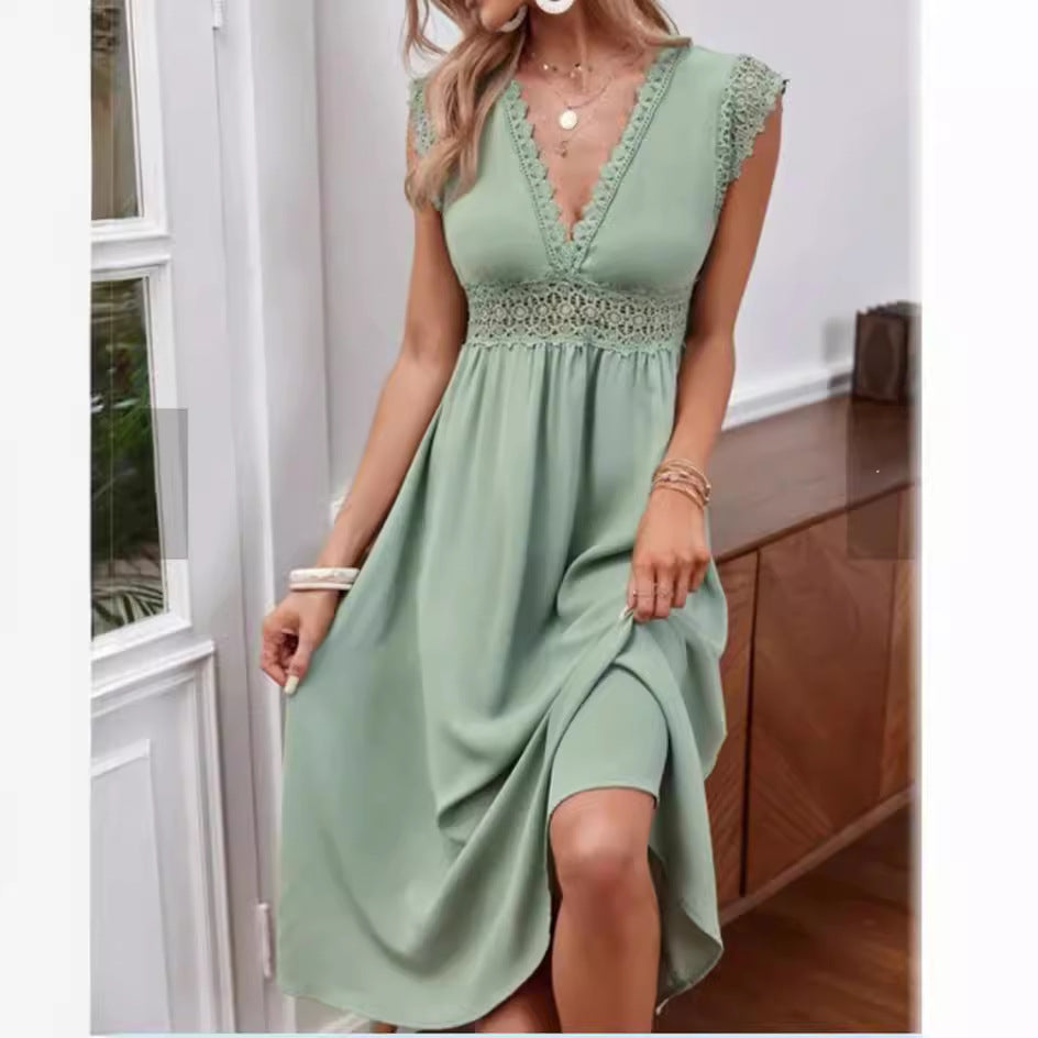WW | Spitzen-Hollow-Patchwork-V-Ausschnitt-Kleid