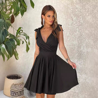 WW | Ärmelloses einfarbiges tiefes V-Ausschnitt-Minikleid