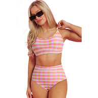 Damen Bikiniset mit hoch geschnittenen Hosen und modischem Karomuster WW