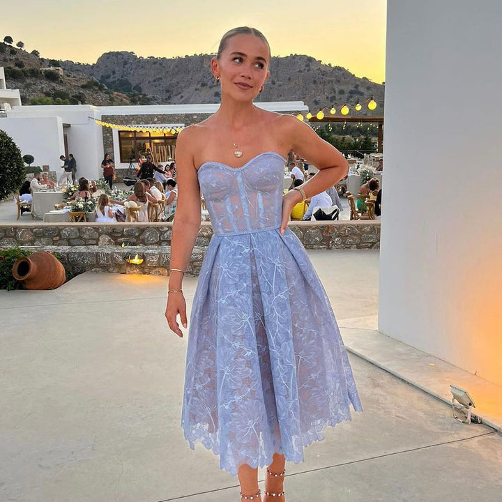Damen trägerloses Spitzen-Midikleid mit Korsettoberteil