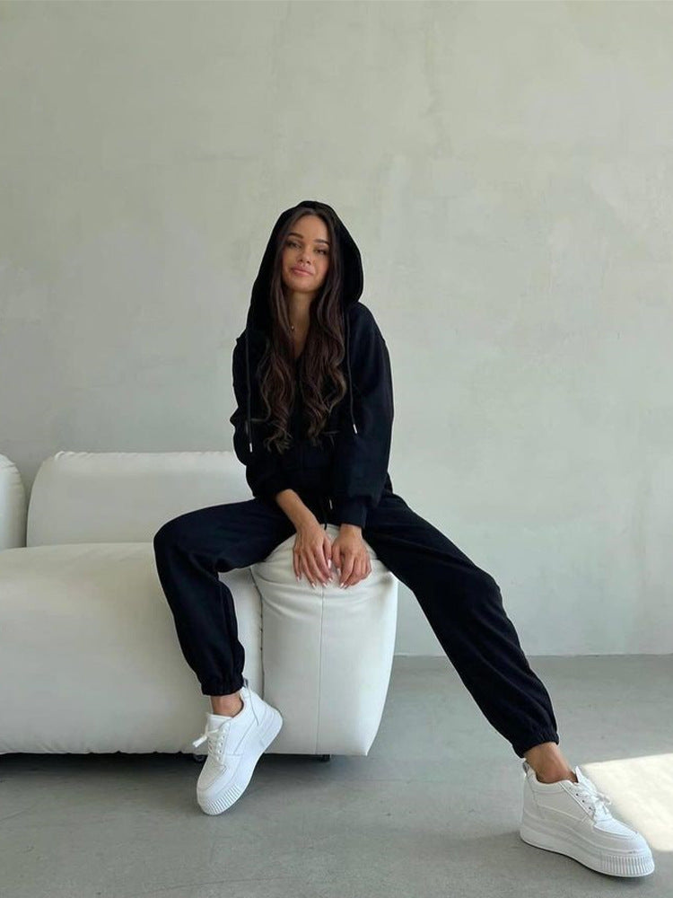 Damen sportliches Fleece-Jogginganzug mit praktischer Kapuze und Kordelzug WW