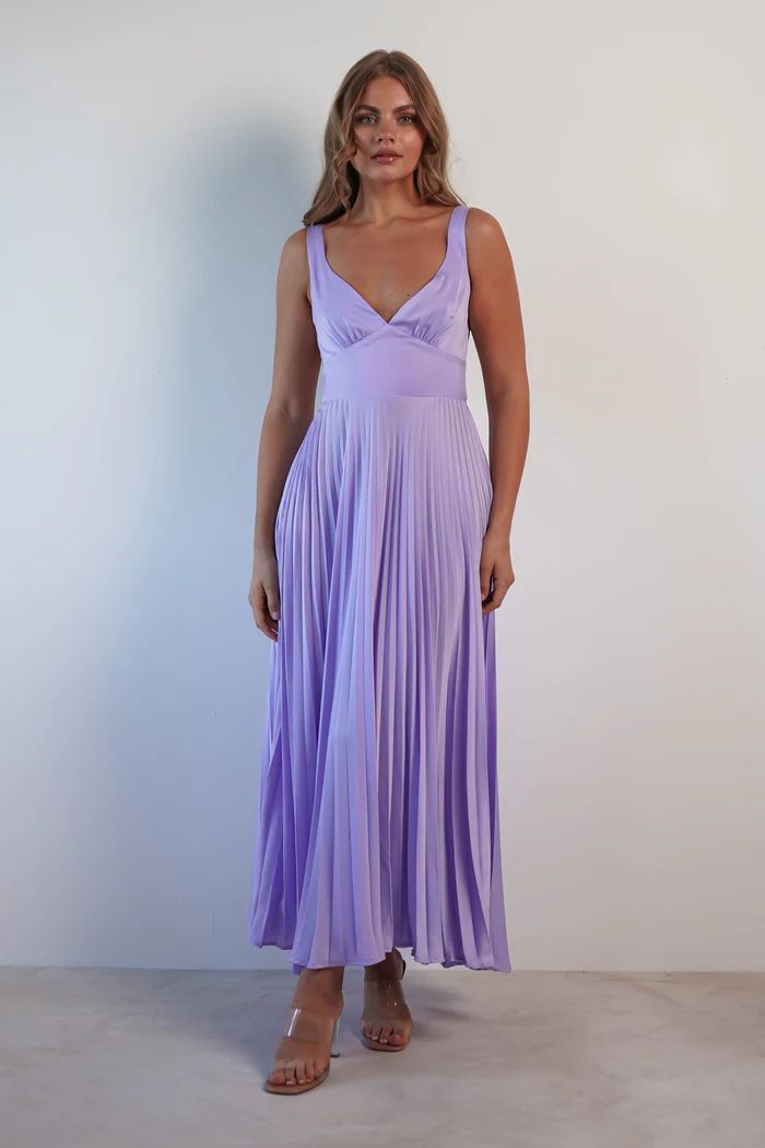 Damen Plissiertes Maxikleid mit V-Ausschnitt und schwingendem Rock WW