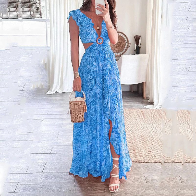 Damen Maxikleid mit hohem Schlitz und floralen Rüschendetails W&W Mode