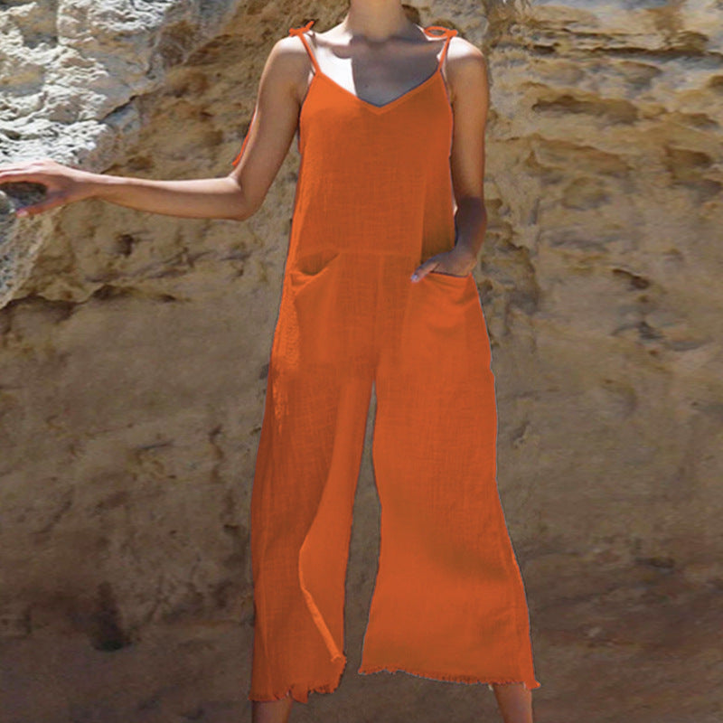 Damen Leinen-Jumpsuit mit stylischem V-Ausschnitt und praktischen Taschen WW