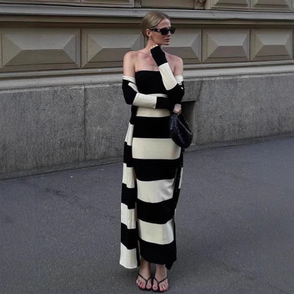 Damen schickes Bandeau-Maxikleid mit grafischem Streifenmuster und figurbetontem Schnitt WW