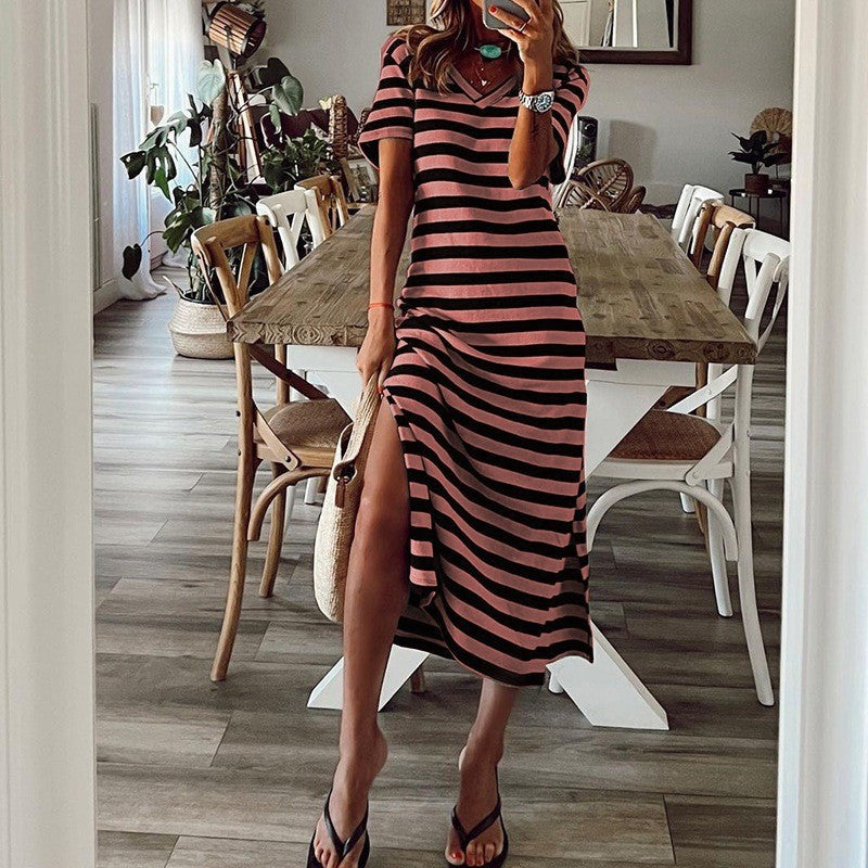 Damen lässiges Sommermaxikleid mit Streifen und Seitenschlitz WW