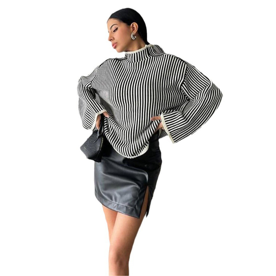 Damen Strickpullover mit lässigem Stehkragen und eleganten Streifen WW