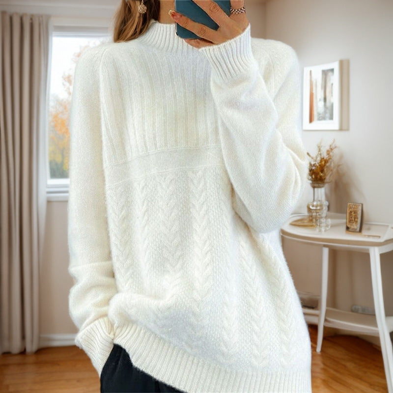 Damen Strickpullover mit kreativem Zopfmuster und hohem Kragen WW