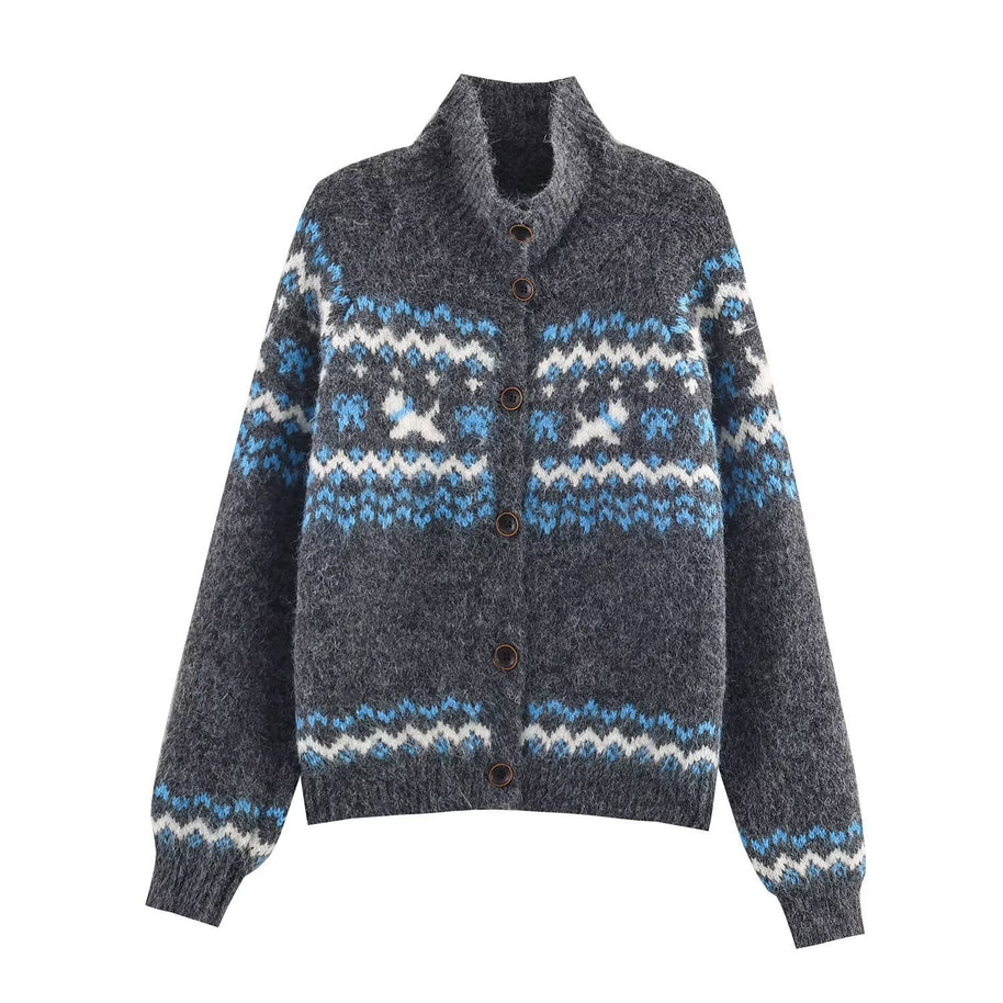 Damen Strickjacke mit traditionellem Muster und hochgeschlossenem Kragen WW