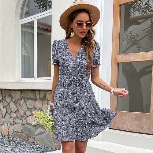 Damen Sommerkleid mit knöpfbarem V-Ausschnitt und eleganter Taillierung WW