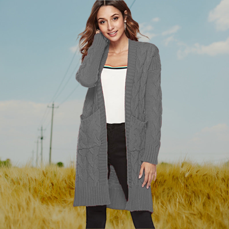 Damen Strickmantel mit großen Taschen und eleganten Zopfmustern WW