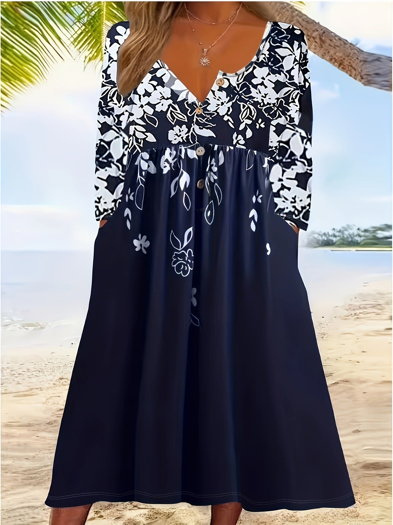 Damen Boho Maxikleid mit floralem Print und knöpfbarem Oberteil WW