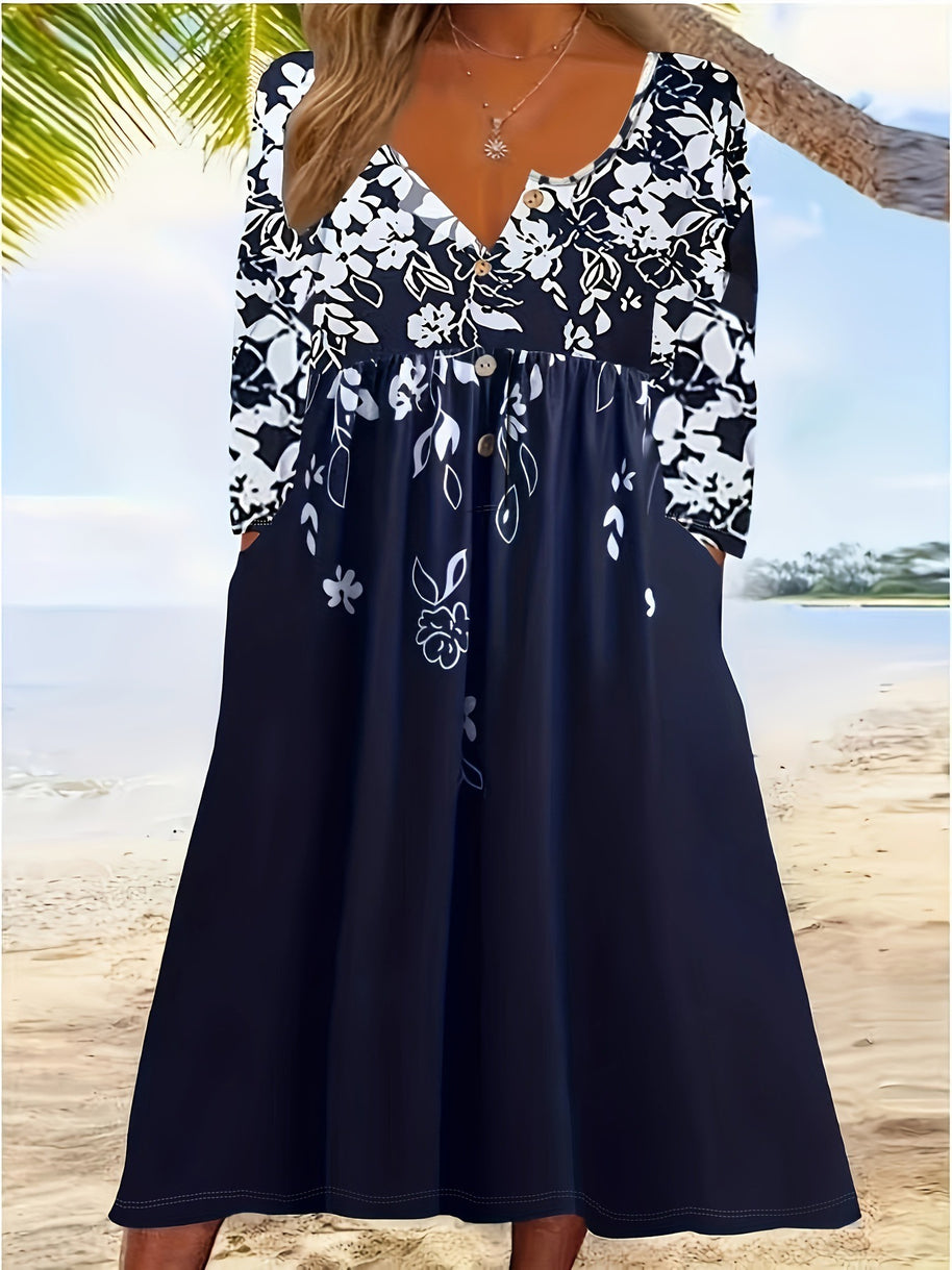 Damen Boho Maxikleid mit floralem Print und knöpfbarem Oberteil WW