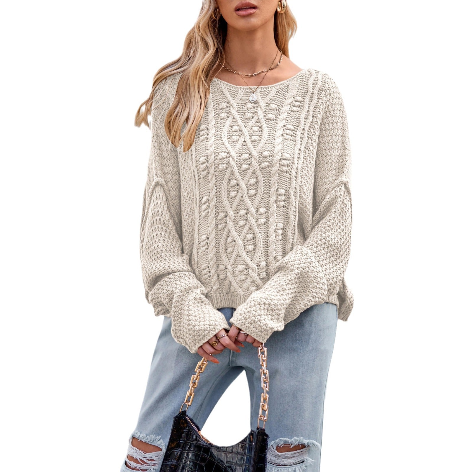 Damen Strickpullover mit strukturiertem Zopfmuster WW