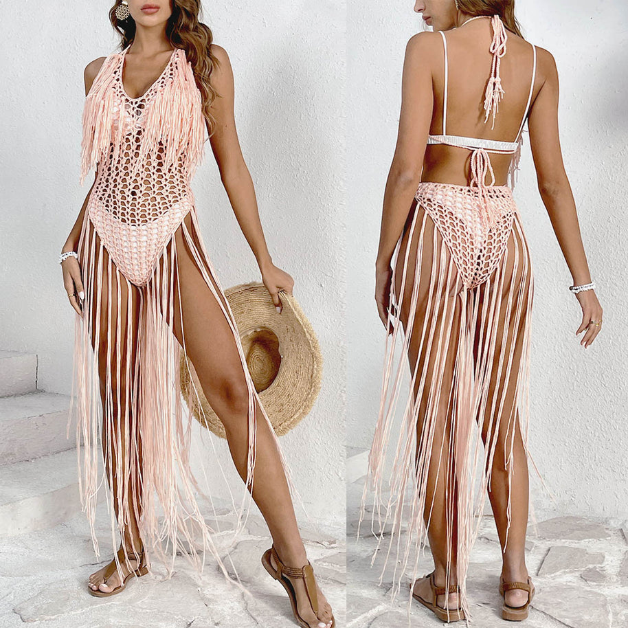 Damen Häkel-Badestrandkleid mit fransigen Details und tiefem V-Ausschnitt WW