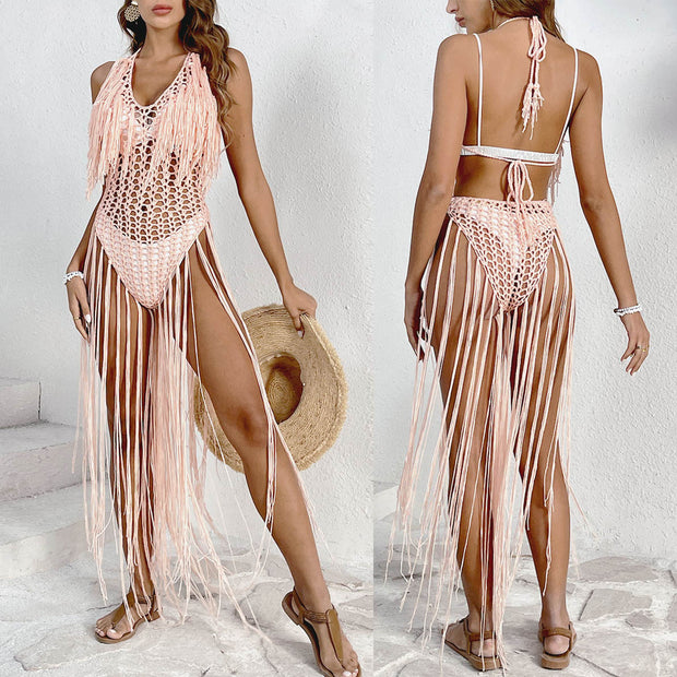 Damen Häkel-Badestrandkleid mit fransigen Details und tiefem V-Ausschnitt WW
