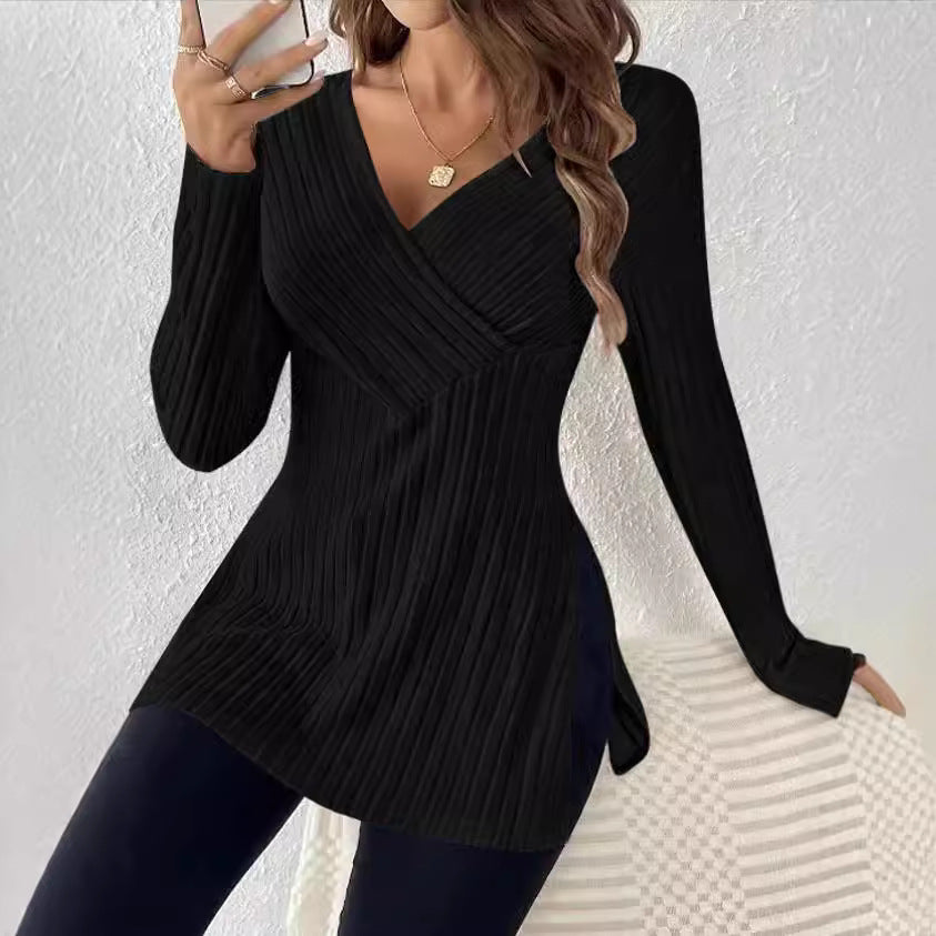 Damen elegantes Langarmshirt mit Wickeldesign und strukturierter Rippoptik WW