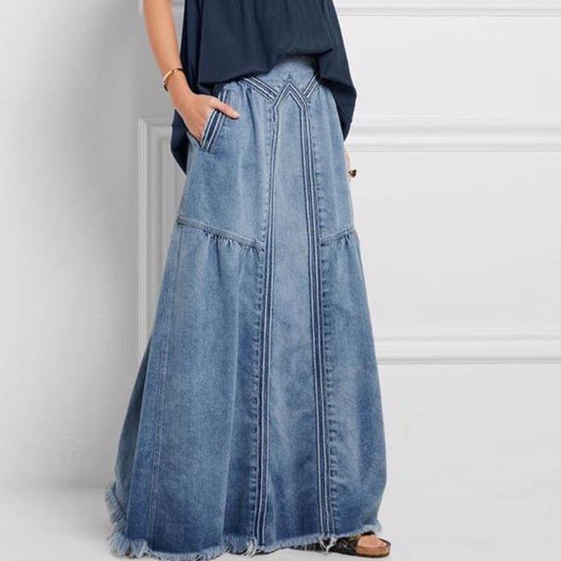 WW | Damenweite Schößchen Genähte Denim Maxirock