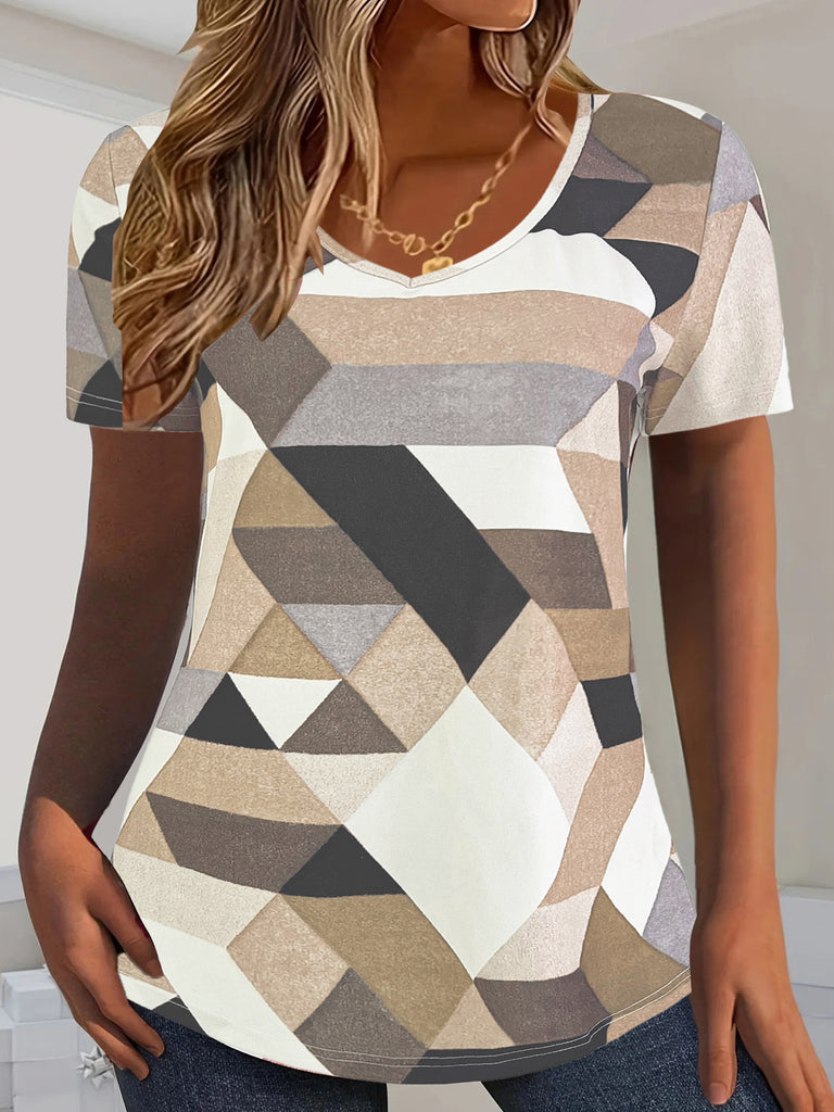 Damen V-Ausschnitt T-Shirt mit geometrischem Design und lässigem Schnitt WW