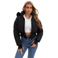 Damen cropped Daunenjacke mit abnehmbarer Kapuze und Kunstfellbesatz WW
