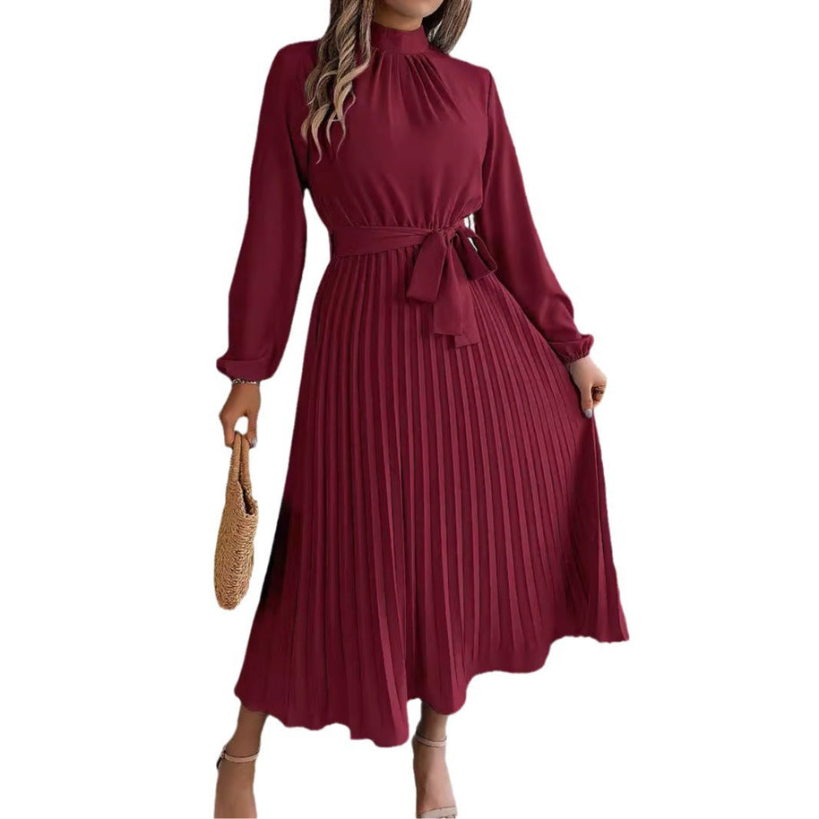 WW | Elegante Stehkragen Taillierter Plissierter Langer Rock kleines Kleid