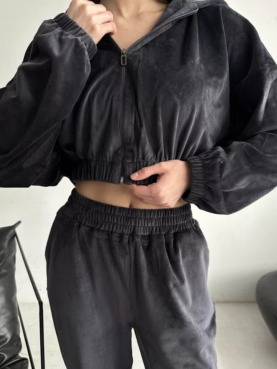 Damen sportliche Veloursjacke mit elastischen Bündchen und Reißverschluss WW