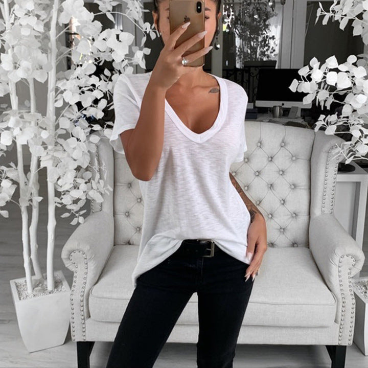 Damen Lässiges T-Shirt mit tiefem V-Ausschnitt und lockerer Passform W&W Mode