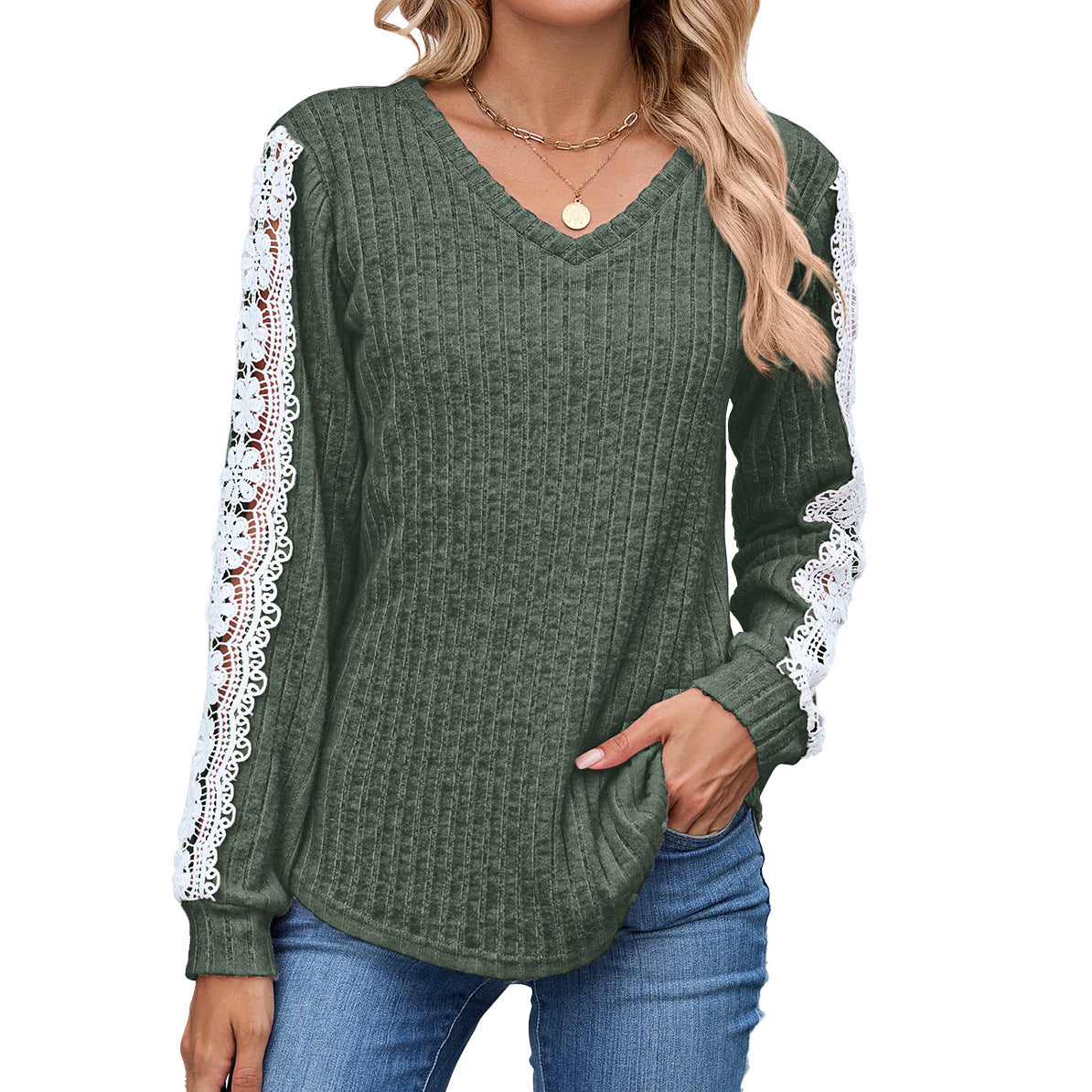 Damen Relaxed Fit V-Ausschnitt Pullover mit Spitzenakzenten WW