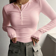 Damen schmeichelhaftes Langarm-Bodyshirt mit Knopfleiste WW